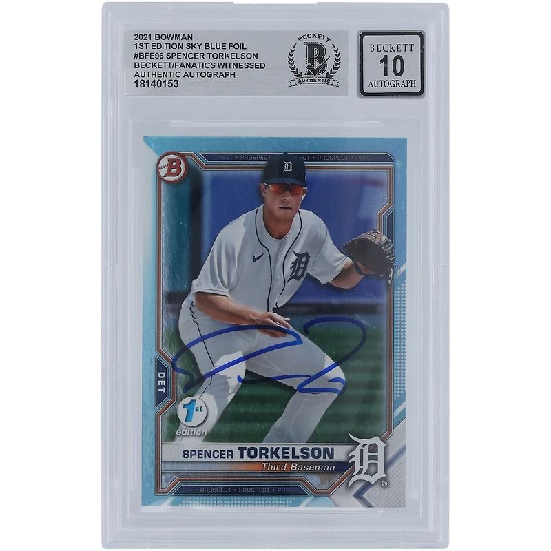 Spencer Torkelson Detroit Tigers Autographié 2021 Bowman 1ère édition Sky Blue Foil #BFE-96 Beckett Fanatics Witnessed Authenticated 10 Card