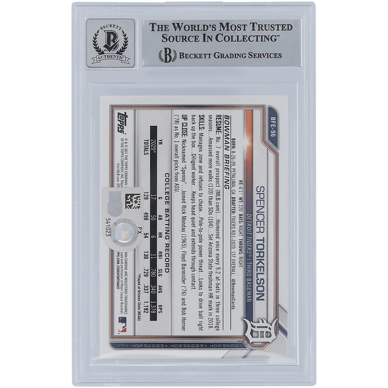 Spencer Torkelson Detroit Tigers Autographed 2021 Bowman 1st Edition Sky Blue Foil #BFE-96 Beckett Fanatics Witnessed Authenticated 10 Card