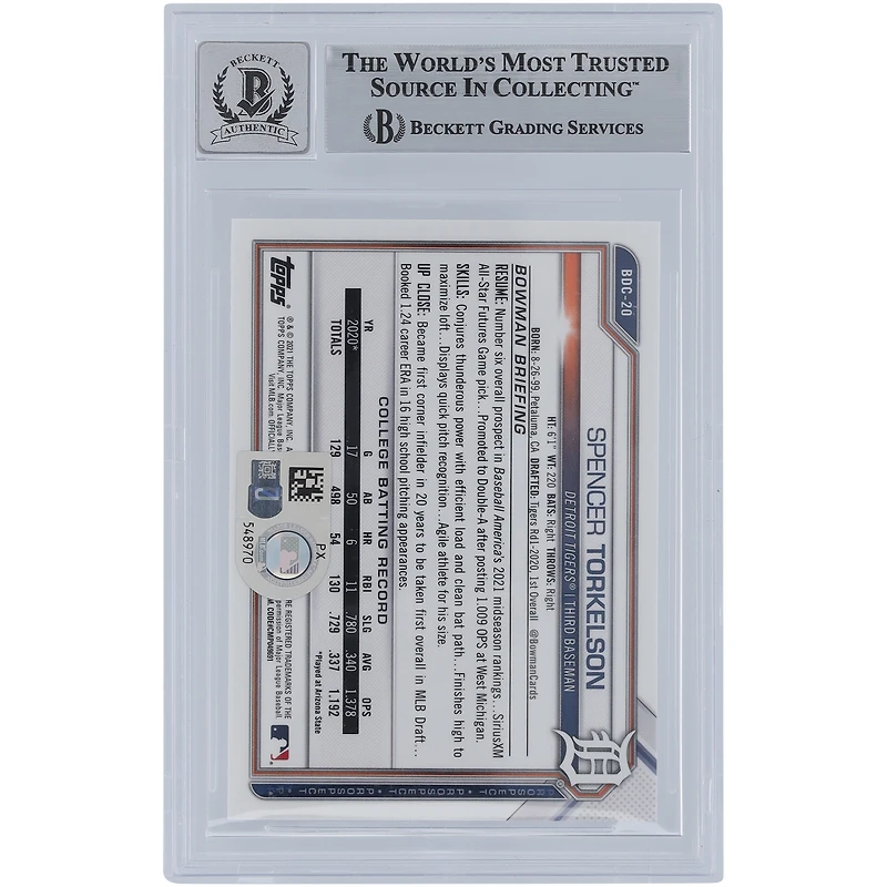 Spencer Torkelson Detroit Tigers Autographed 2021 Bowman Chrome Draft Sapphire #BDC-20 Beckett Fanatics Witnessed Authenticated 10 Card