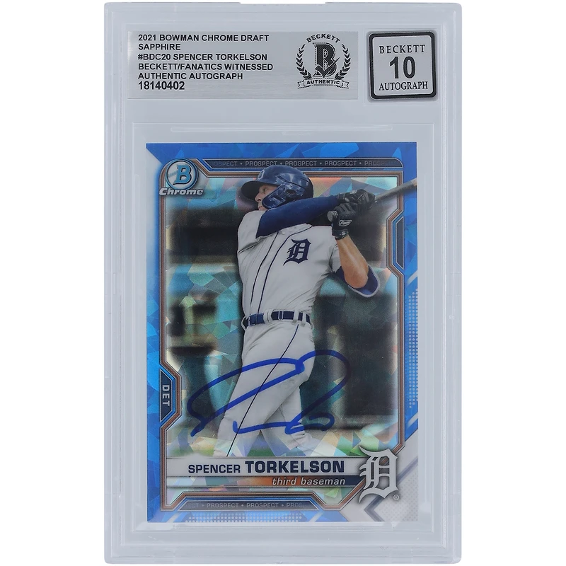 Spencer Torkelson Detroit Tigers Autographed 2021 Bowman Chrome Draft Sapphire #BDC-20 Beckett Fanatics Witnessed Authenticated 10 Card