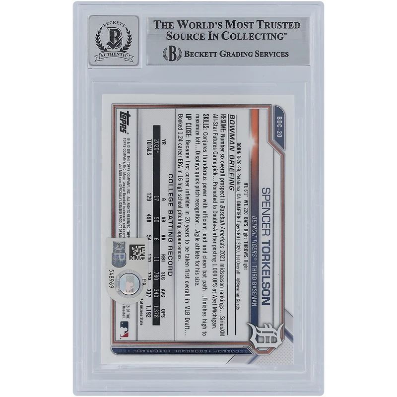 Spencer Torkelson Detroit Tigers Autographié 2021 Bowman Chrome Draft Sapphire #BDC-20 Beckett Fanatics Witnessed Authenticated 9/10 Card
