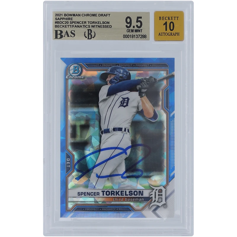 Spencer Torkelson Detroit Tigers Autographed 2021 Bowman Chrome Draft Sapphire #BDC-20 Beckett Fanatics Witnessed Authenticated /10 Card