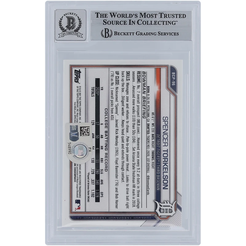 Spencer Torkelson Detroit Tigers Autographed 2021 Bowman Chrome Prospects Atomic Refractors #BCP-96 Beckett Fanatics Witnessed Authenticated 9/10 Card
