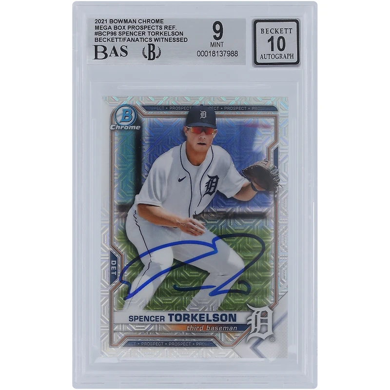 Spencer Torkelson Detroit Tigers Autographed 2021 Bowman Chrome Prospects Mega Box Refractors #BCP-96 Beckett Fanatics Witnessed Authenticated 9/10 Card