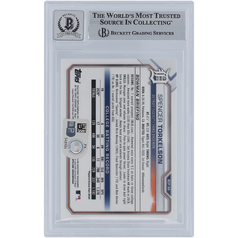 Spencer Torkelson Detroit Tigers Autographed 2021 Bowman Chrome Prospects Mega Box Refractors #BCP-96 Beckett Fanatics Witnessed Authenticated 9/10 Card