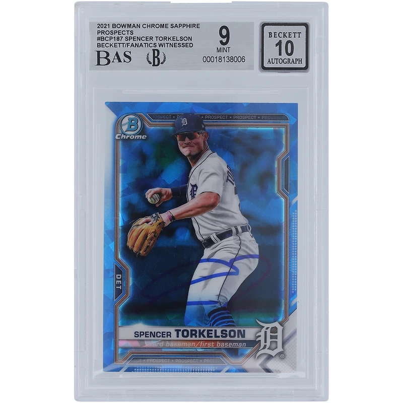 Spencer Torkelson Detroit Tigers Autographed 2021 Bowman Chrome Sapphire Prospects #BCP-187 Beckett Fanatics Witnessed Authenticated 9/10 Card