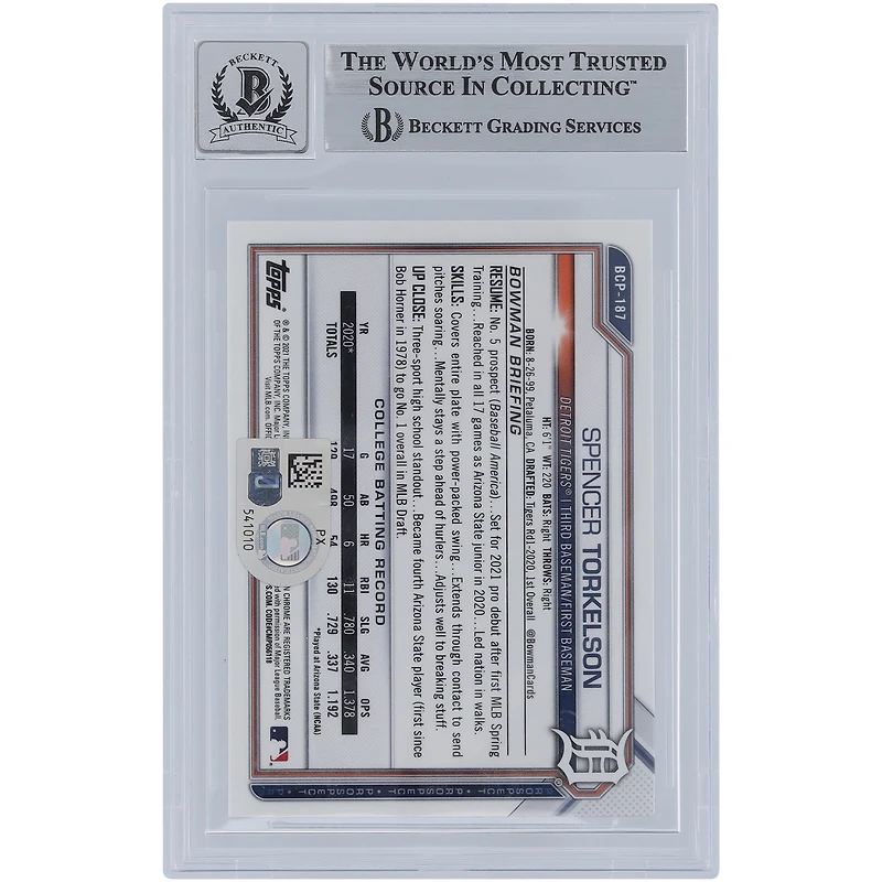 Spencer Torkelson Detroit Tigers Autographed 2021 Bowman Chrome Sapphire Prospects #BCP-187 Beckett Fanatics Witnessed Authenticated 9/10 Card