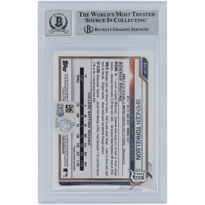 Spencer Torkelson Detroit Tigers Autographed 2021 Bowman Chrome Sapphire Prospects #BCP-96 Beckett Fanatics Witnessed Authenticated 10 Card
