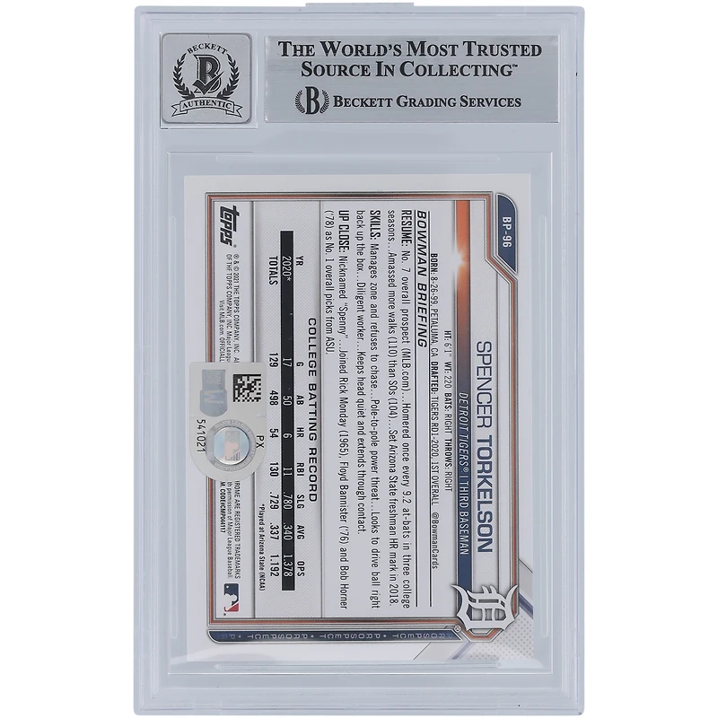 Spencer Torkelson Detroit Tigers Autographed 2021 Bowman Prospects Green #BP-96 #/99 Beckett Fanatics Witnessed Authenticated 9/10 Card