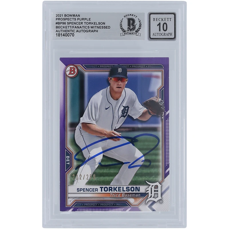 Spencer Torkelson Detroit Tigers Autographed 2021 Bowman Prospects Purple #BP-96 #/250 Beckett Fanatics Witnessed Authenticated 10 Card