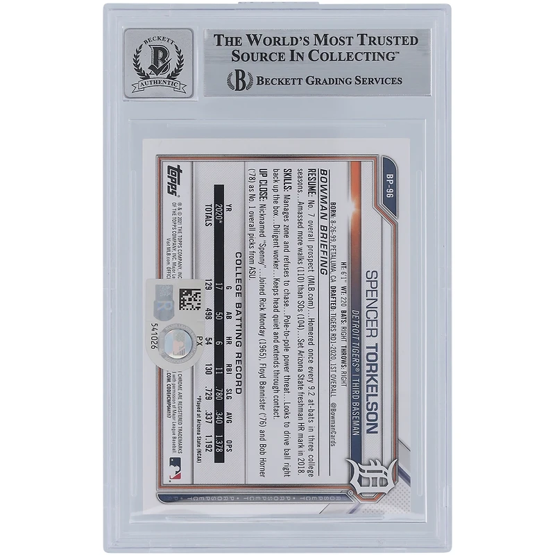 Spencer Torkelson Detroit Tigers Autographed 2021 Bowman Prospects Purple #BP-96 #/250 Beckett Fanatics Witnessed Authenticated 10 Card