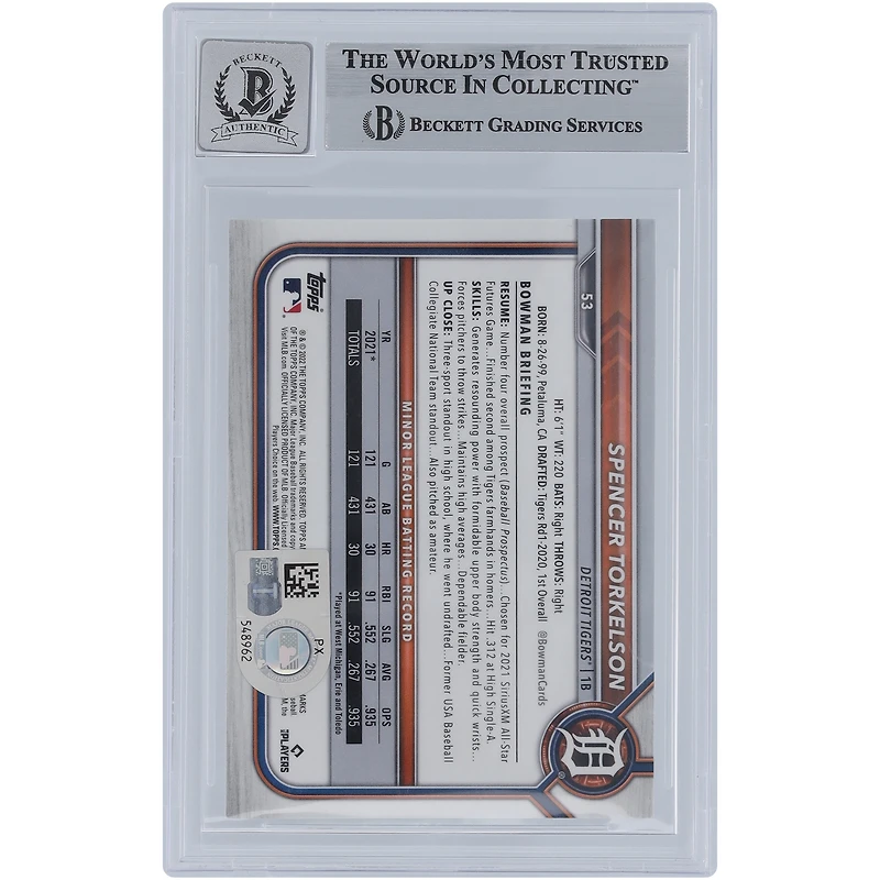 Spencer Torkelson Detroit Tigers autographié 2022 Bowman Chrome #53 Beckett Fanatics a été témoin d'une carte recrue authentifiée 9/10