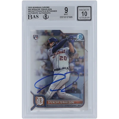 Spencer Torkelson Detroit Tigers autographié 2022 Bowman Chrome #53 Beckett Fanatics a été témoin d'une carte recrue authentifiée 9/10