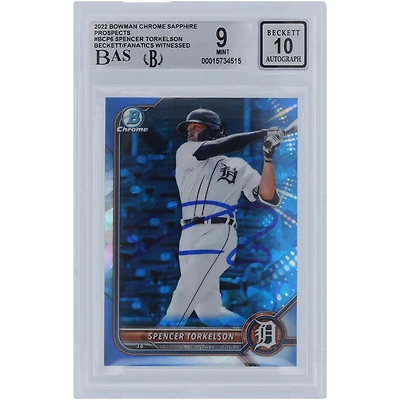 Carte de recrue 9/10 authentifiée 2022 Bowman Chrome Sapphire #BCP6 signée Spencer Torkelson par les Detroit Tigers et vue par les fanatiques de Beckett