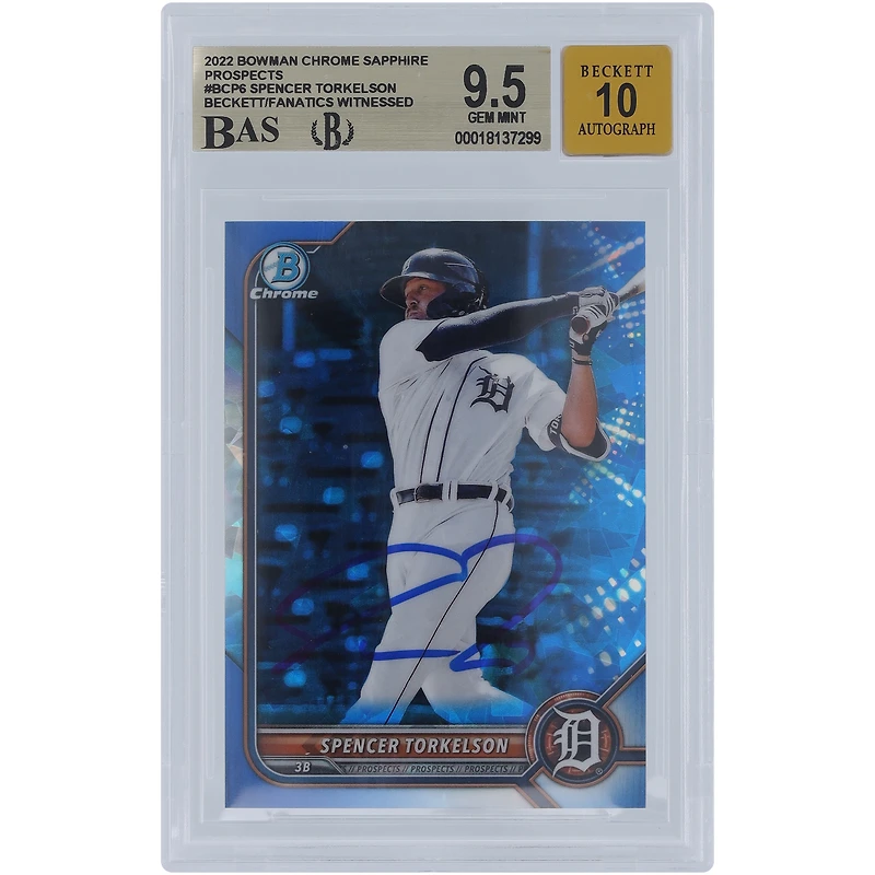Spencer Torkelson Detroit Tigers Autographed 2022 Bowman Chrome Sapphire Prospects #BCP-6 Beckett Fanatics Witnessed Authenticated 9.5/10 Card