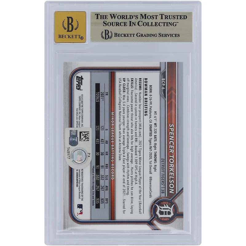 Spencer Torkelson Detroit Tigers Autographié 2022 Bowman Chrome Sapphire Prospects #BCP-6 Beckett Fanatics Witnessed Authenticated 9.5/10 Card