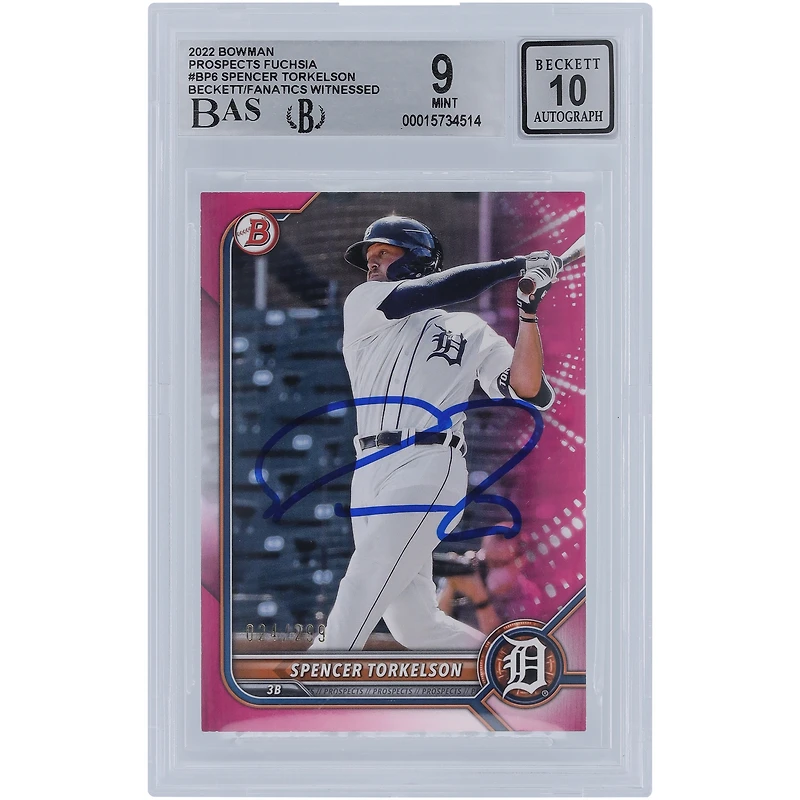 Spencer Torkelson Detroit Tigers Autographed 2022 Bowman Fuchsia #BP6 #/299 Beckett Fanatics Witnessed Authenticated 9/10 Rookie Card