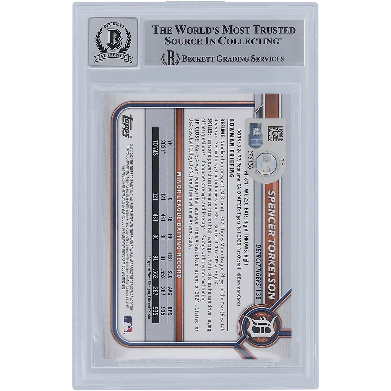 Spencer Torkelson Detroit Tigers Autographed 2022 Bowman Fuchsia #BP6 #/299 Beckett Fanatics Witnessed Authenticated 9/10 Rookie Card