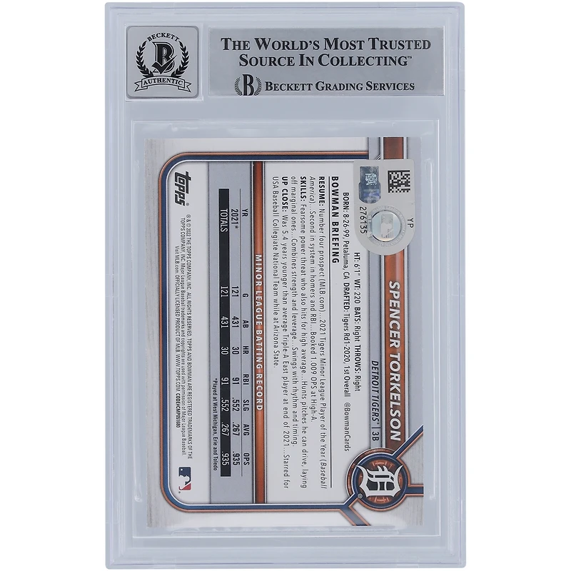 Spencer Torkelson Detroit Tigers Autographed 2022 Bowman Purple #BP6 #/250 Beckett Fanatics Witnessed Authenticated 9/10 Rookie Card