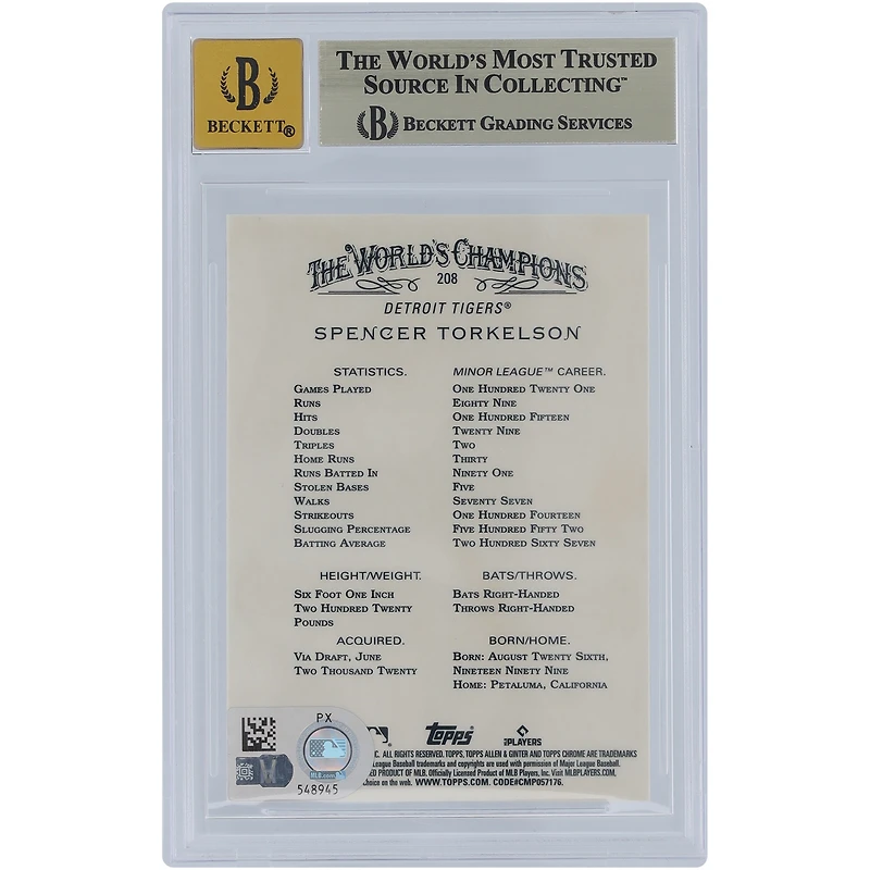 Spencer Torkelson Detroit Tigers Autographié 2022 Topps Allen & Ginter Chrome #208 Beckett Fanatics Witnessed Authenticated 9.5/10 Rookie Card