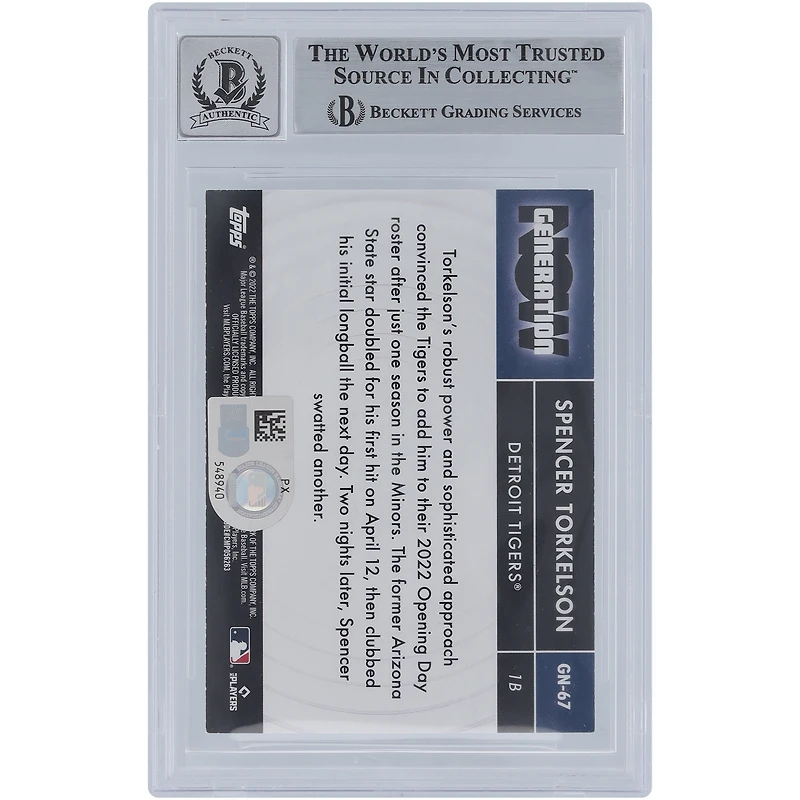 Spencer Torkelson Detroit Tigers autographié Topps Generation Now 2022 #GN-67 Beckett Fanatics a été témoin d'une carte de recrue authentifiée 10