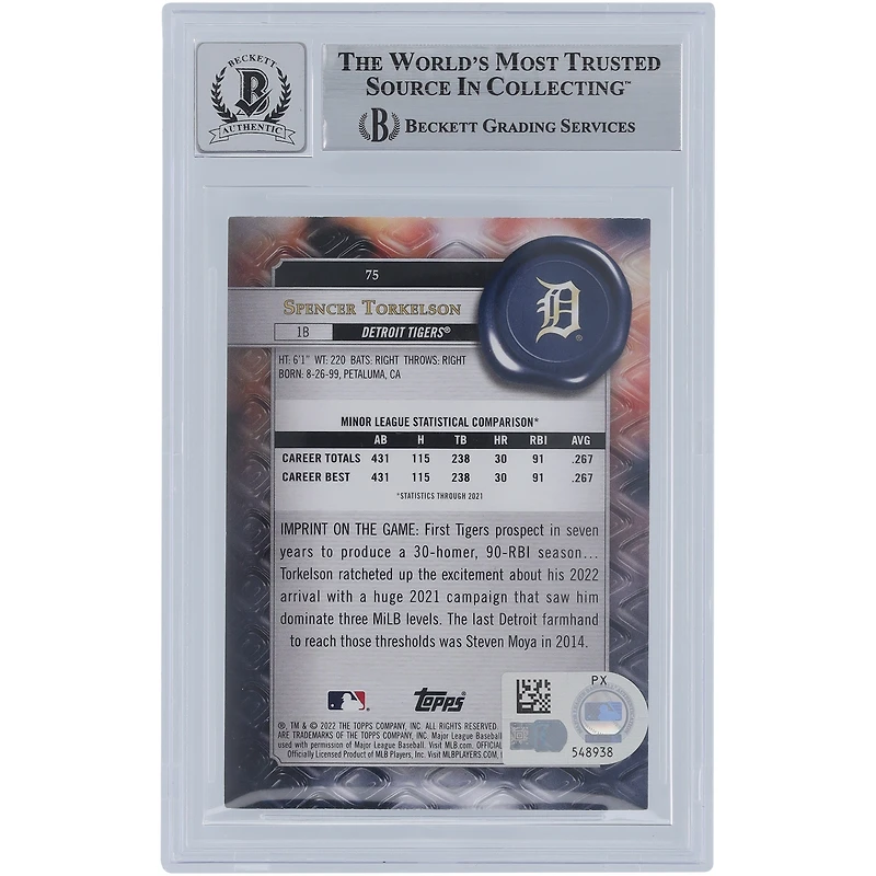 Spencer Torkelson Detroit Tigers autographié 2022 Topps Gold Label Classe 2 #75 Beckett Fanatics Witnessed Authenticated 10 Rookie Card