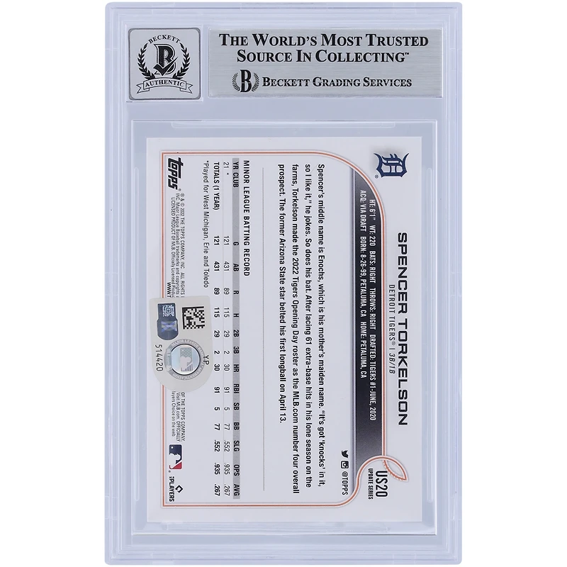 Spencer Torkelson Detroit Tigers Autographié 2022 Topps Mise à jour #US20 Beckett Fanatics a été témoin d'une carte recrue authentifiée 10