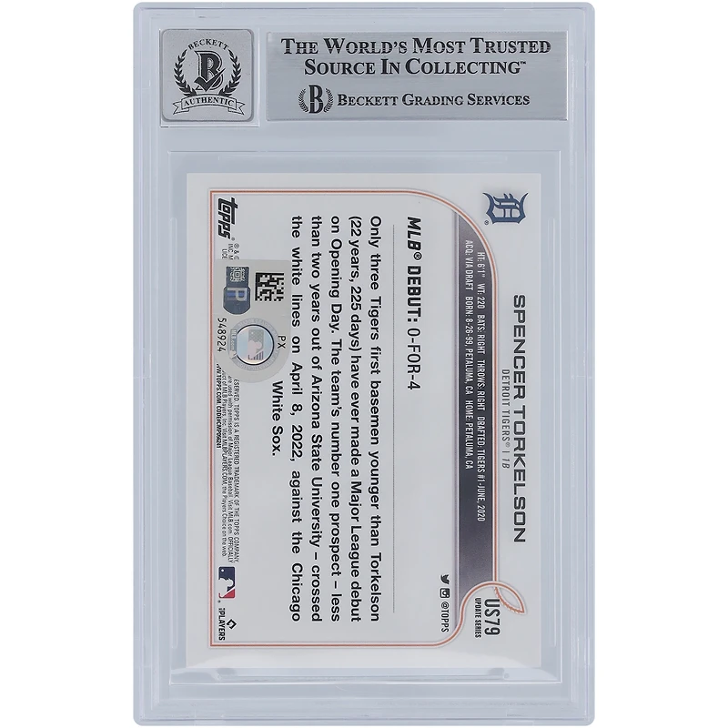 Spencer Torkelson Detroit Tigers Autographed 2022 Topps Update #US79 Beckett Fanatics Witnessed Authenticated 10 Rookie Card