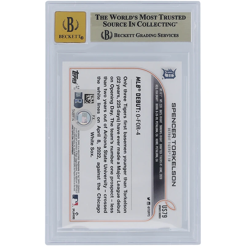 Spencer Torkelson Detroit Tigers Autographed 2022 Topps Update #US79 Beckett Fanatics Witnessed Authenticated 9.5/10 Rookie Card