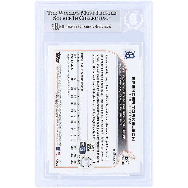 Spencer Torkelson Detroit Tigers Autographed 2022 Topps Update Series #US20 Beckett Fanatics Witnessed Authenticated Rookie Card
