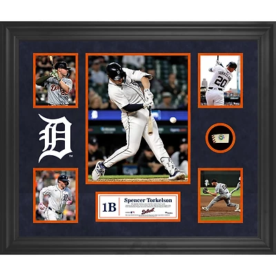 Collage encadré de 5 photos de Spencer Torkelson, Detroit Tigers, avec un morceau de ballon utilisé lors du match