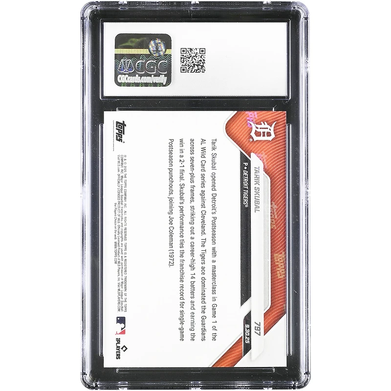 Tarik Skubal, Detroit Tigers, Topps Now 2025 MLB : Début de saison tonitruant ! 14 retraits sur prises, un record personnel, et la victoire lors du match 1. Carte n° 797 authentifiée par CGC (10 cartes).