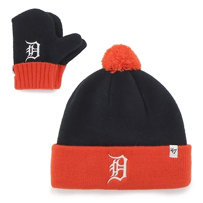Ensemble bonnet à revers Bam Bam en tricot bleu marine '47 Detroit Tigers avec pompon et moufles pour tout-petit