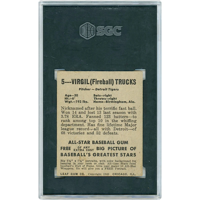 Virgil Trucks Detroit Tigers 1948-49 Leaf Gum Co. #5 SGC Authenticated 4.5 Rookie Card