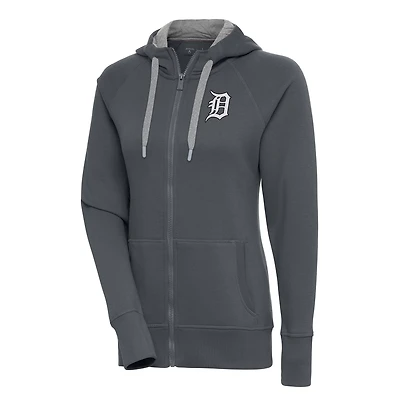 Women's Antigua  Charcoal Detroit Tigers Brushed Metallic Victory Full-Zip Hoodie