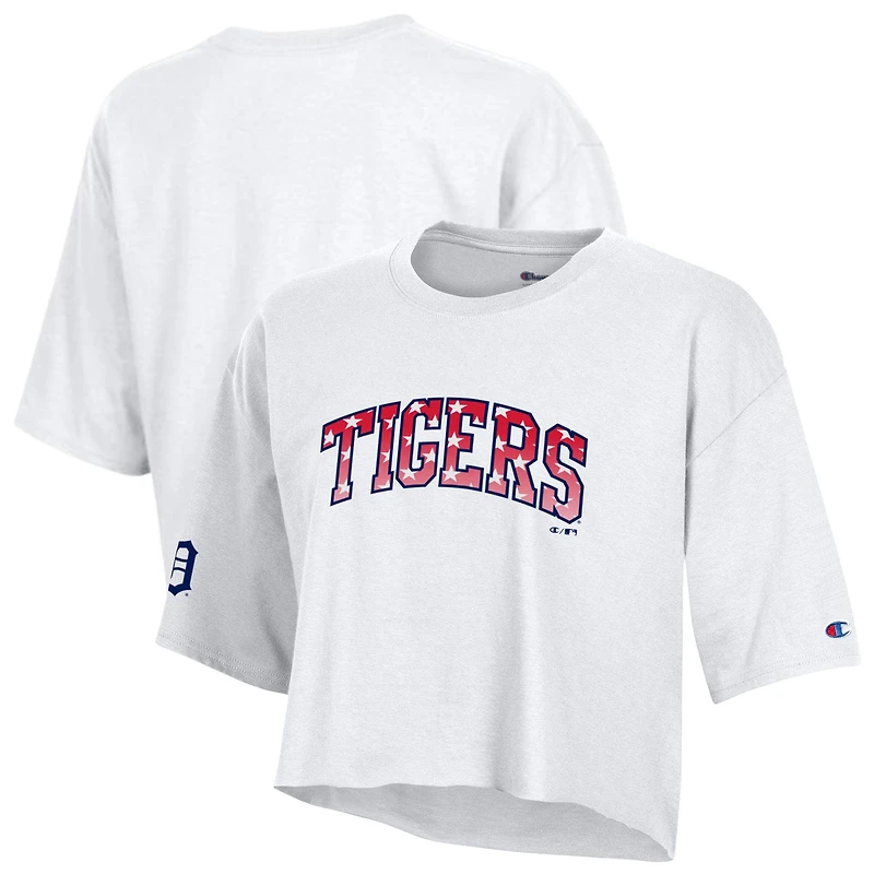 Women's Champion  White Detroit Tigers Boyfriend Cropped Americana T-Shirt