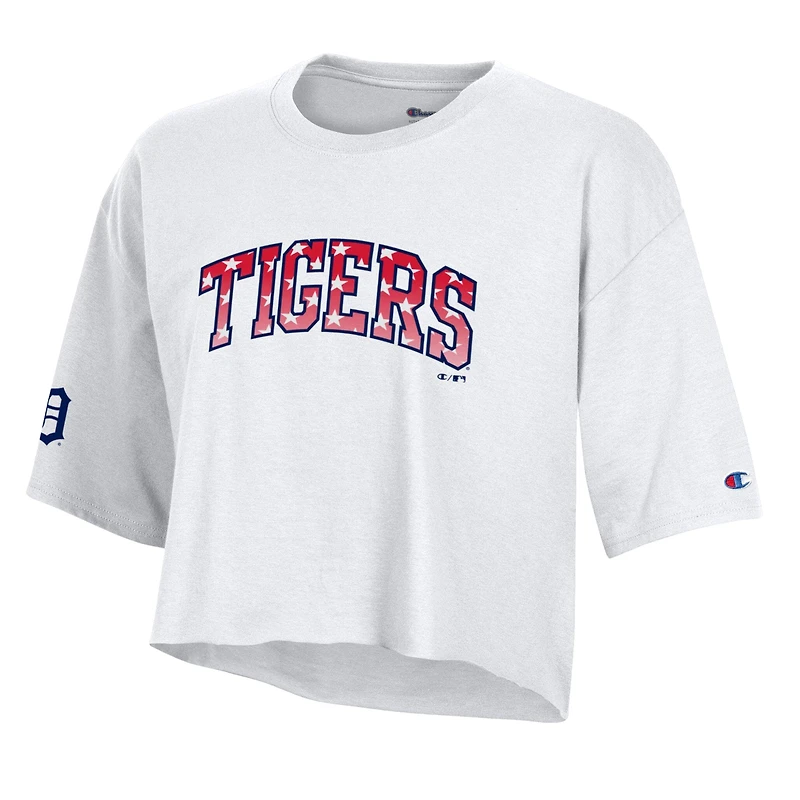 Women's Champion  White Detroit Tigers Boyfriend Cropped Americana T-Shirt
