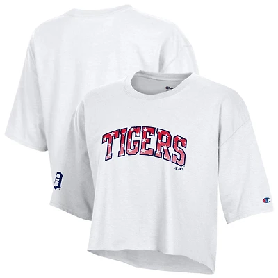 Women's Champion White Detroit Tigers Boyfriend Cropped Americana T-Shirt