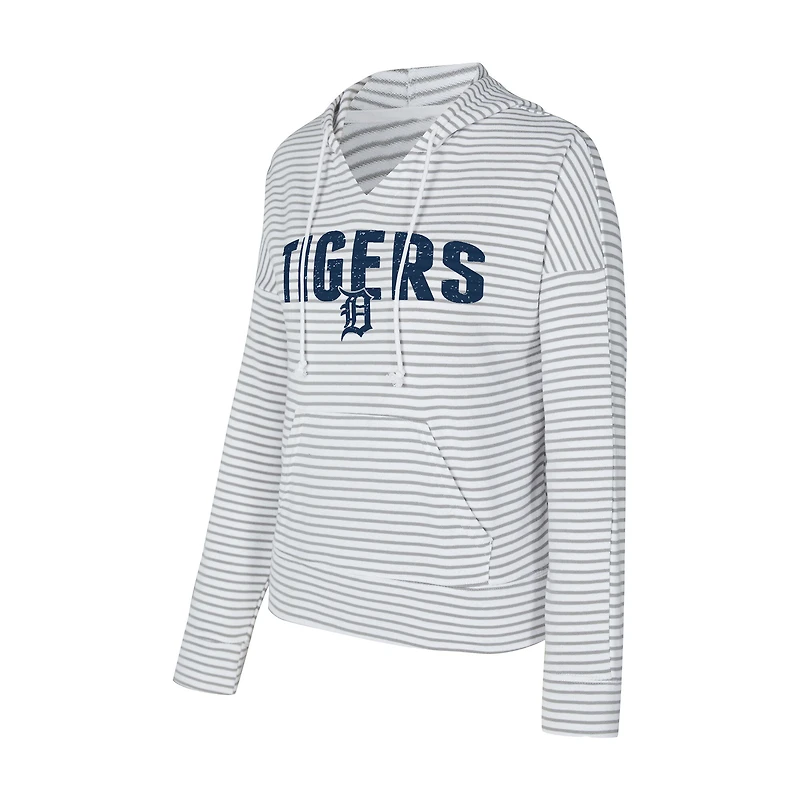 Women's Concepts Sport White/Gray Detroit Tigers Liftoff Striped V-Neck Hoodie