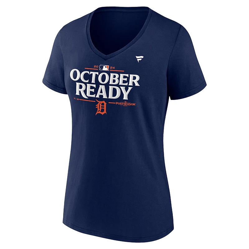 T-shirt à col en V pour femme Fanatics Navy Detroit Tigers 2024 MLB Postseason Locker Room