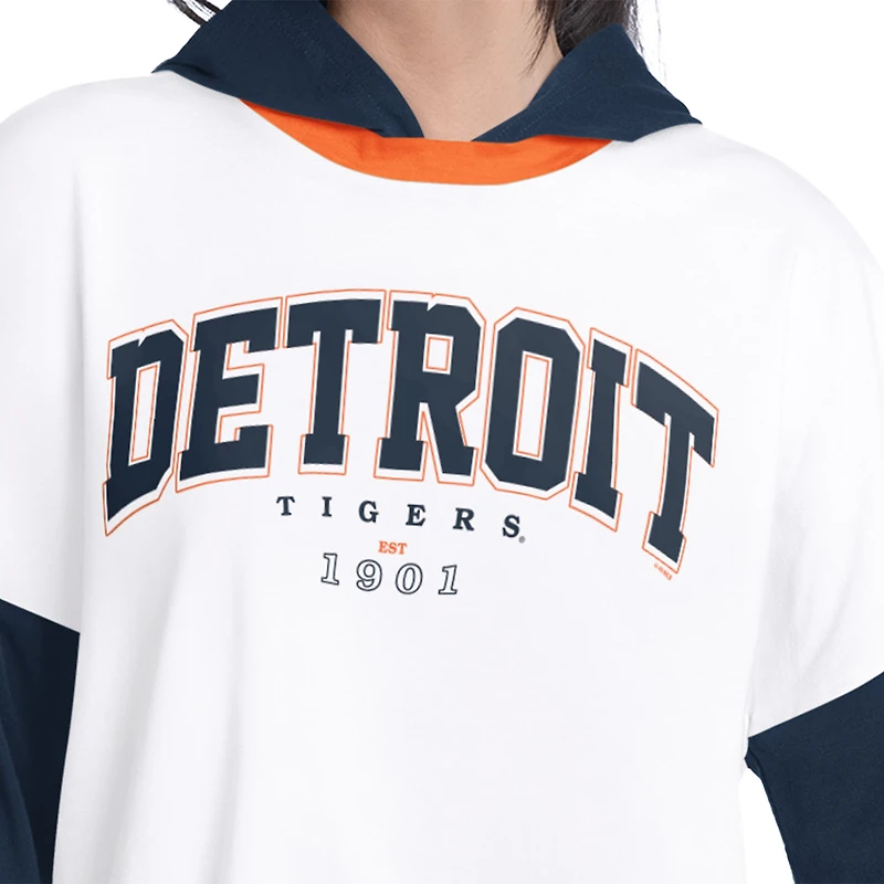 Women's G-III 4Her by Carl Banks White/Navy Detroit Tigers Key Player Oversized Hooded Long Sleeve T-Shirt