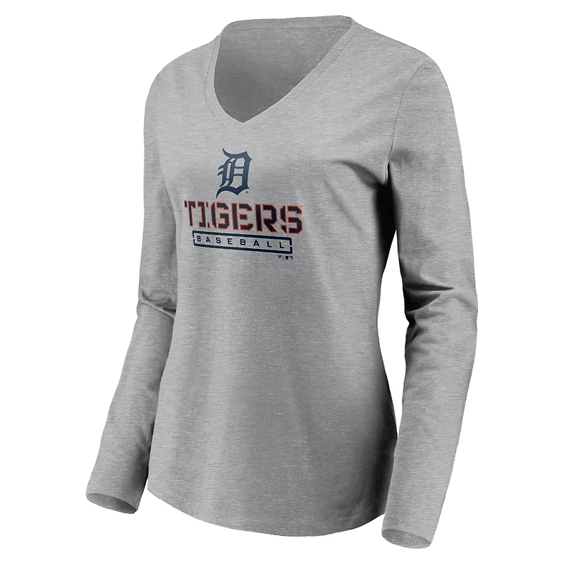 T-shirt gris à manches longues et col en V pour femme, motif Evanston Stencil des Detroit Tigers