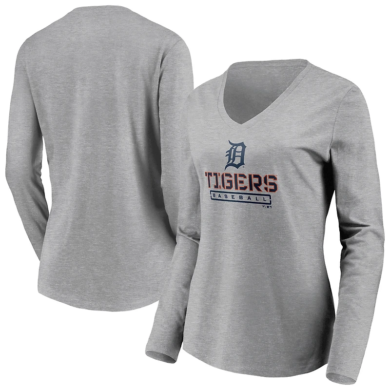 T-shirt gris à manches longues et col en V pour femme, motif Evanston Stencil des Detroit Tigers