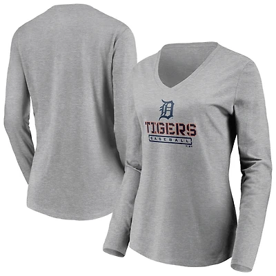 T-shirt gris à manches longues et col en V pour femme, motif Evanston Stencil des Detroit Tigers