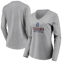 T-shirt gris à manches longues et col en V pour femme, motif Evanston Stencil des Detroit Tigers