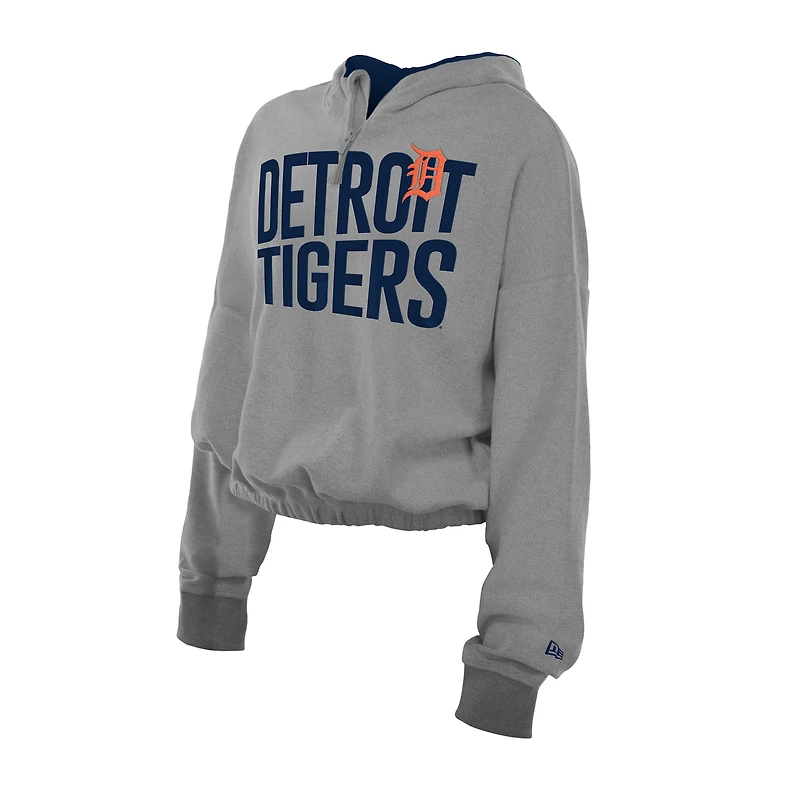 Women's New Era  Heather Gray Detroit Tigers Reversed Out French Terry Quarter-Zip Banded Crop Hoodie