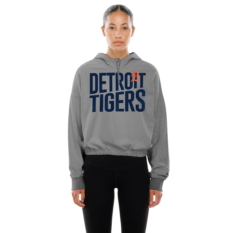 Women's New Era  Heather Gray Detroit Tigers Reversed Out French Terry Quarter-Zip Banded Crop Hoodie