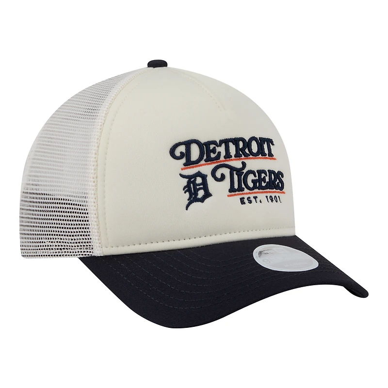 Casquette trucker New Era pour femme, beige clair/marine, Detroit Tigers Retro 9FORTY M-Crown, modèle A-Frame, ajustable.