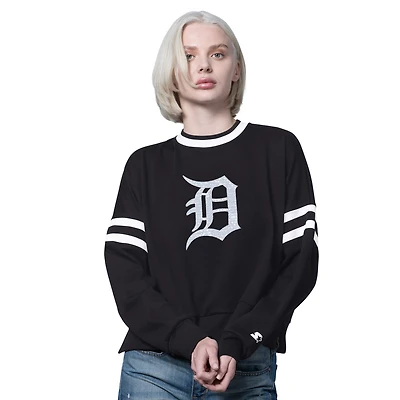 Women's Starter Black Detroit Tigers Rally Cropped Drop Shoulder Crewneck Sweatshirt