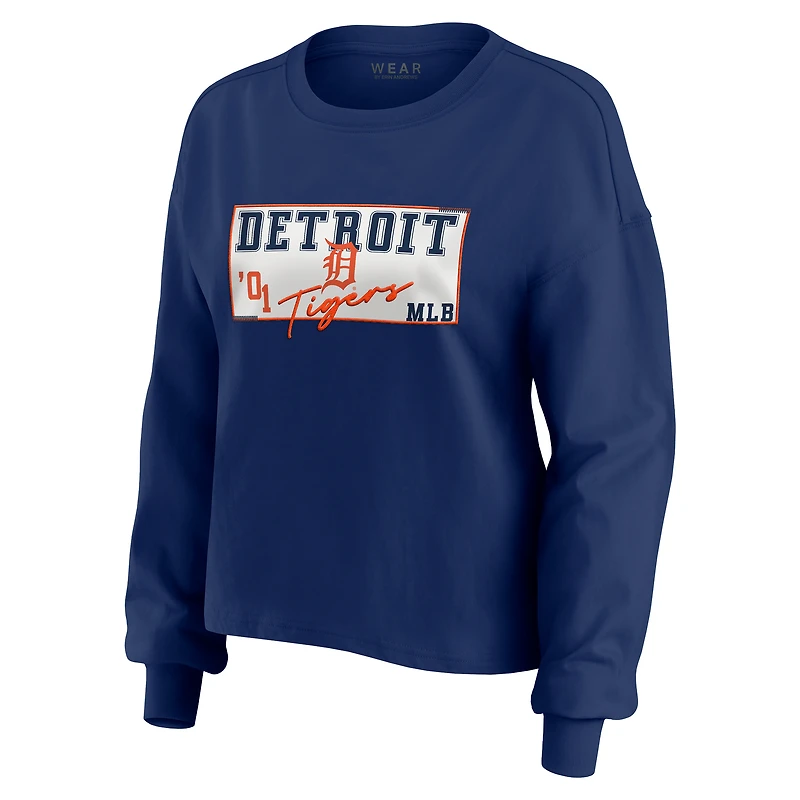 Women's WEAR by Erin Andrews Navy Detroit Tigers Heavy Rugby Jersey Cropped Long Sleeve T-Shirt & Shorts Lounge Set